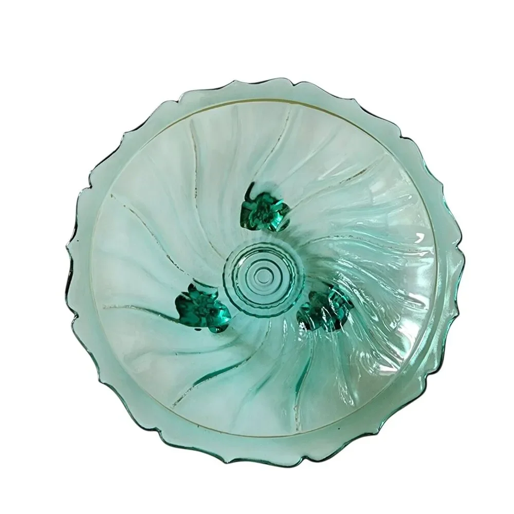 Vintage LE Smith Green Glass Footed Bowl Swirl Pattern Scalloped Rim 3 Legged 6